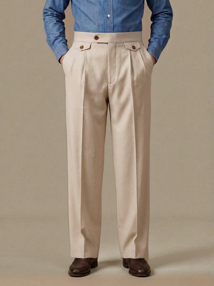 Whitley wide leg pleat tab trousers in Beige, studio, Gentlemens Manor