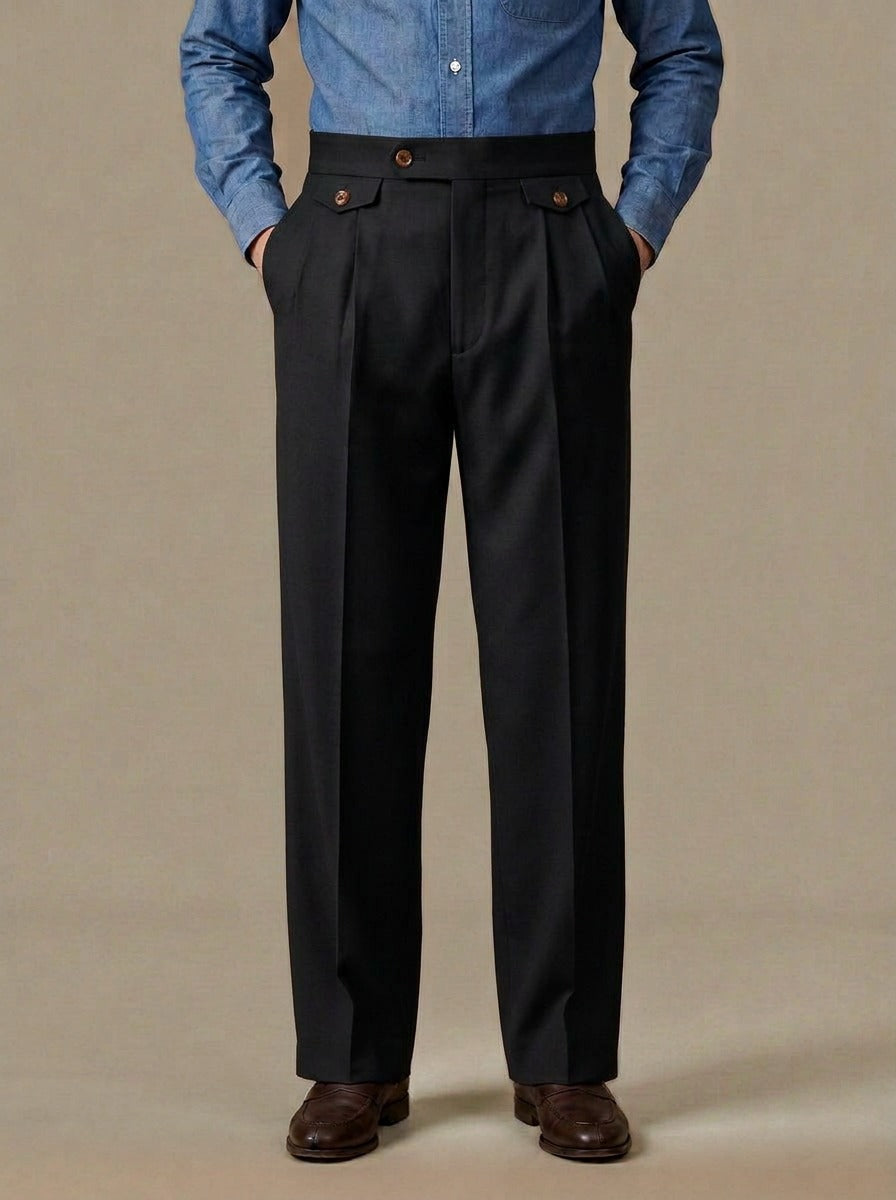 Whitley wide leg pleat tab trousers in Black, studio, Gentlemens Manor