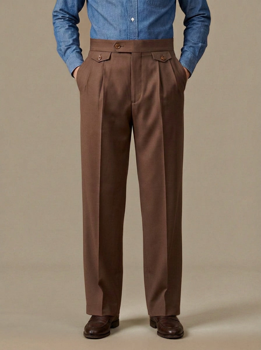 Whitley wide leg pleat tab trousers in Brown, studio, Gentlemens Manor