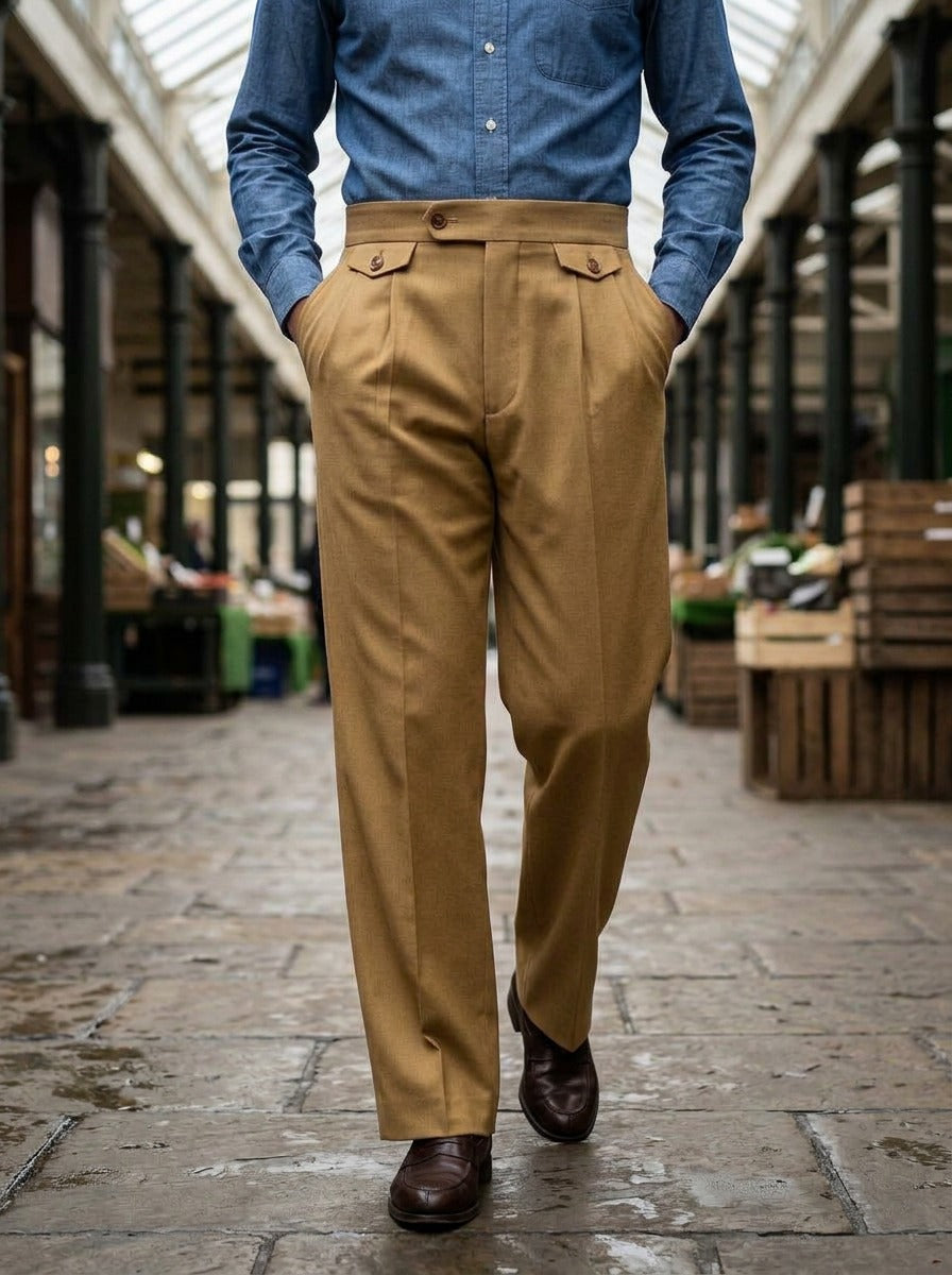 Whitley wide leg pleat tab trousers in Camel, lifestyle in a covered market hall, Gentlemens Manor