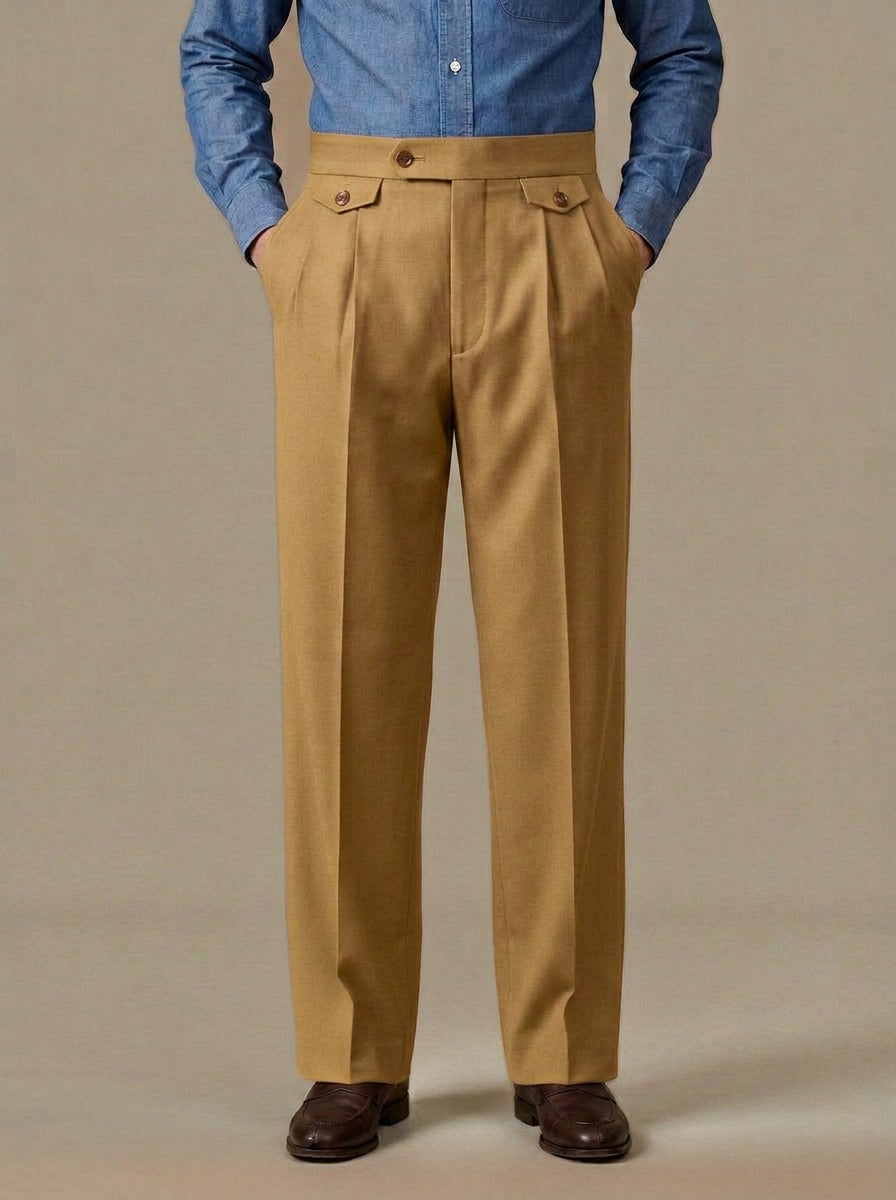 Whitley wide leg pleat tab trousers in Camel, studio, Gentlemens Manor