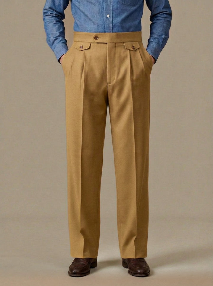 Whitley wide leg pleat tab trousers in Camel, studio, Gentlemens Manor