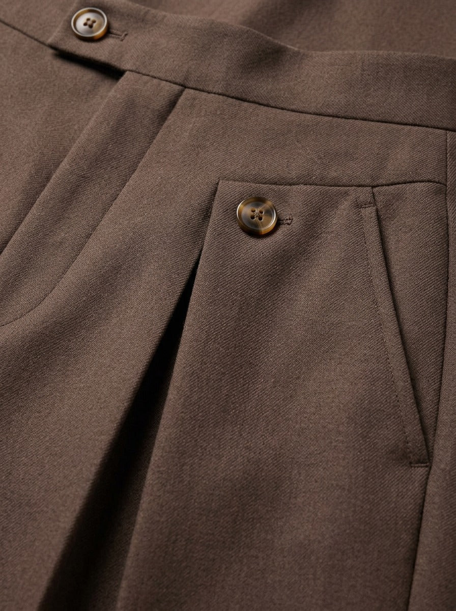 Whitley wide leg pleat tab trousers, fabric close up, Gentlemens Manor