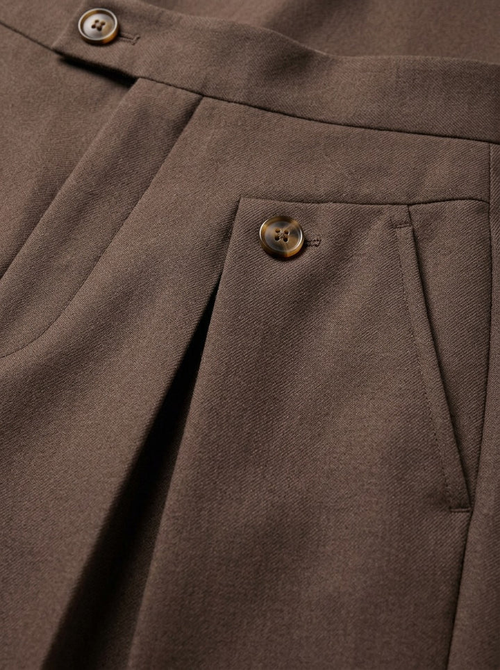 Whitley wide leg pleat tab trousers, fabric close up, Gentlemens Manor