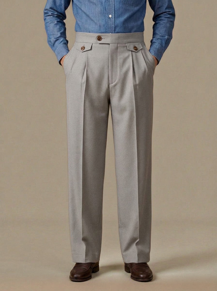 Whitley wide leg pleat tab trousers in Grey, studio, Gentlemens Manor
