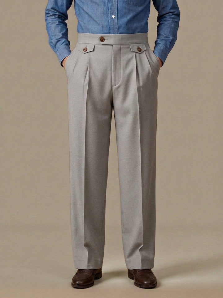 Whitley wide leg pleat tab trousers in Grey, studio, Gentlemens Manor
