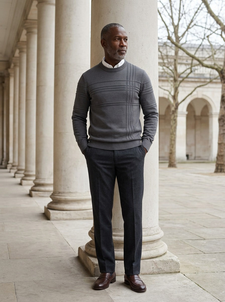 Whitlock sweater in Charcoal, lifestyle in a stone colonnade, Gentlemens Manor