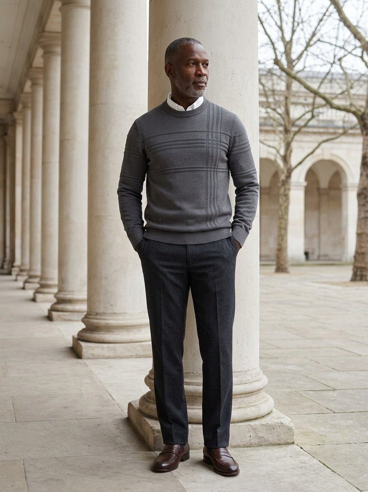 Whitlock sweater in Charcoal, lifestyle in a stone colonnade, Gentlemens Manor