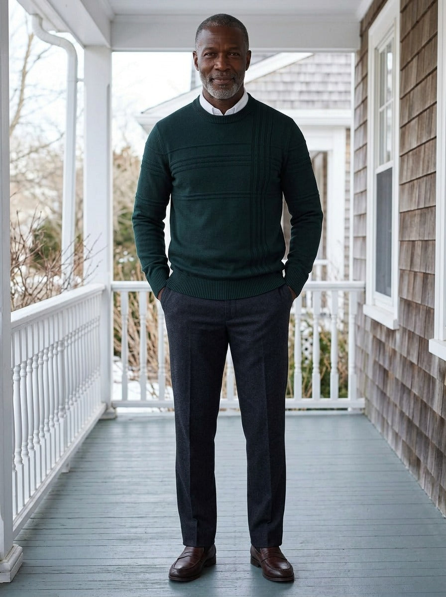 Whitlock sweater in Green, lifestyle on a covered porch, Gentlemens Manor