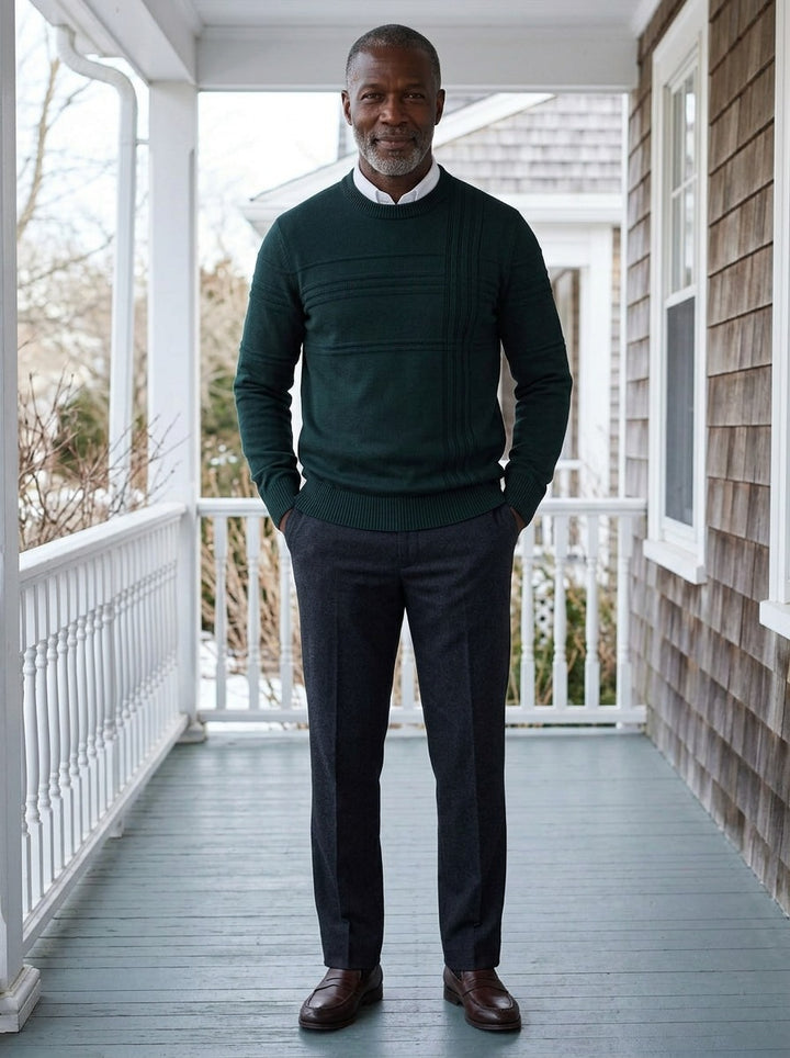 Whitlock sweater in Green, lifestyle on a covered porch, Gentlemens Manor