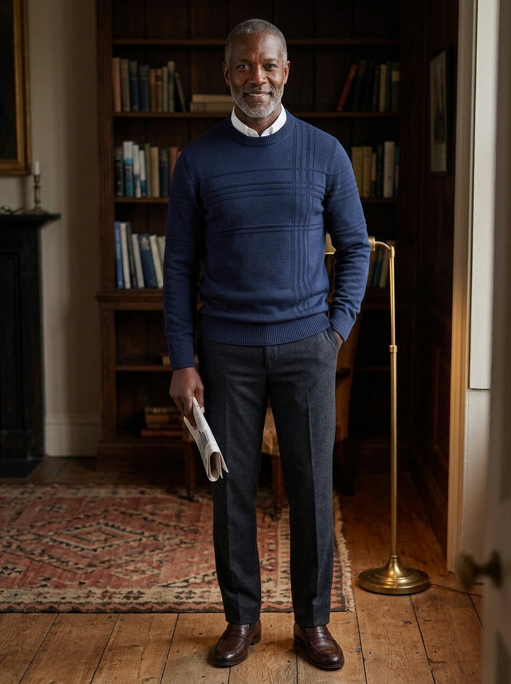 Whitlock sweater in Navy, lifestyle in a private study, Gentlemens Manor