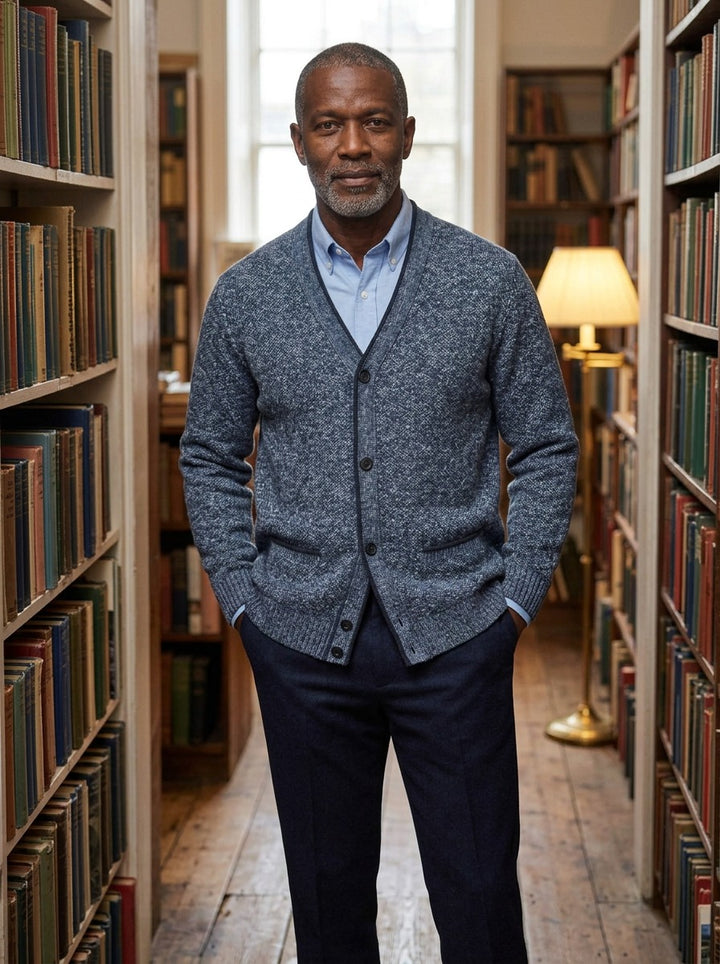 Whitman marled knit V neck cardigan in Blue, lifestyle, Gentlemens Manor