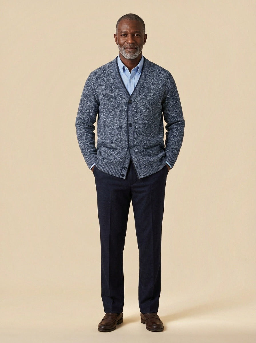 Whitman marled knit V neck cardigan in Blue, studio, Gentlemens Manor