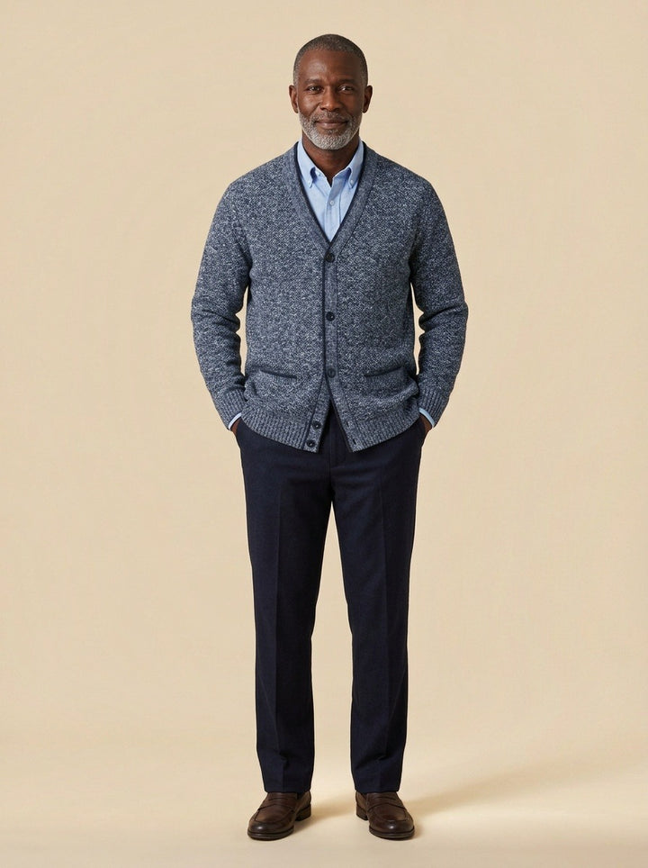 Whitman marled knit V neck cardigan in Blue, studio, Gentlemens Manor