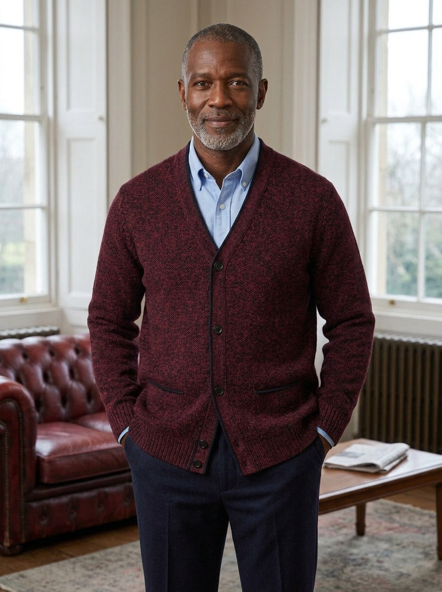 Whitman marled knit V neck cardigan in Burgundy, lifestyle, Gentlemens Manor