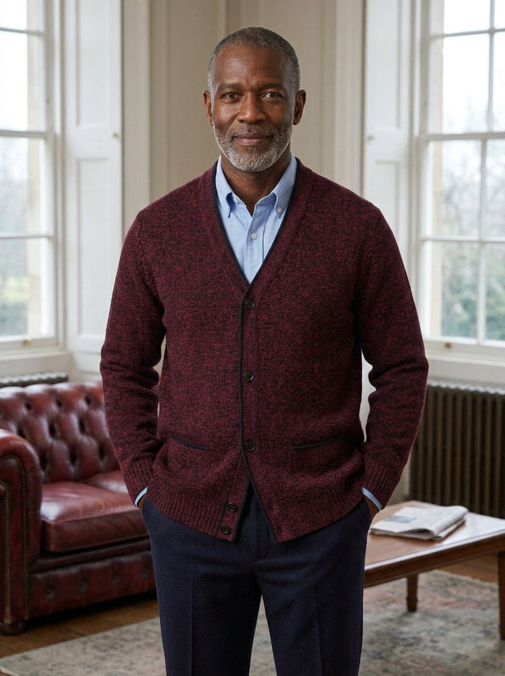 Whitman marled knit V neck cardigan in Burgundy, lifestyle, Gentlemens Manor