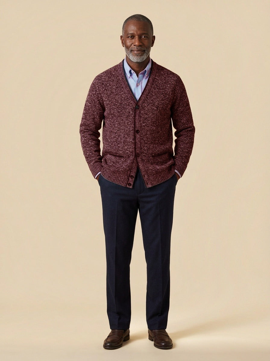 Whitman marled knit V neck cardigan in Burgundy, studio, Gentlemens Manor
