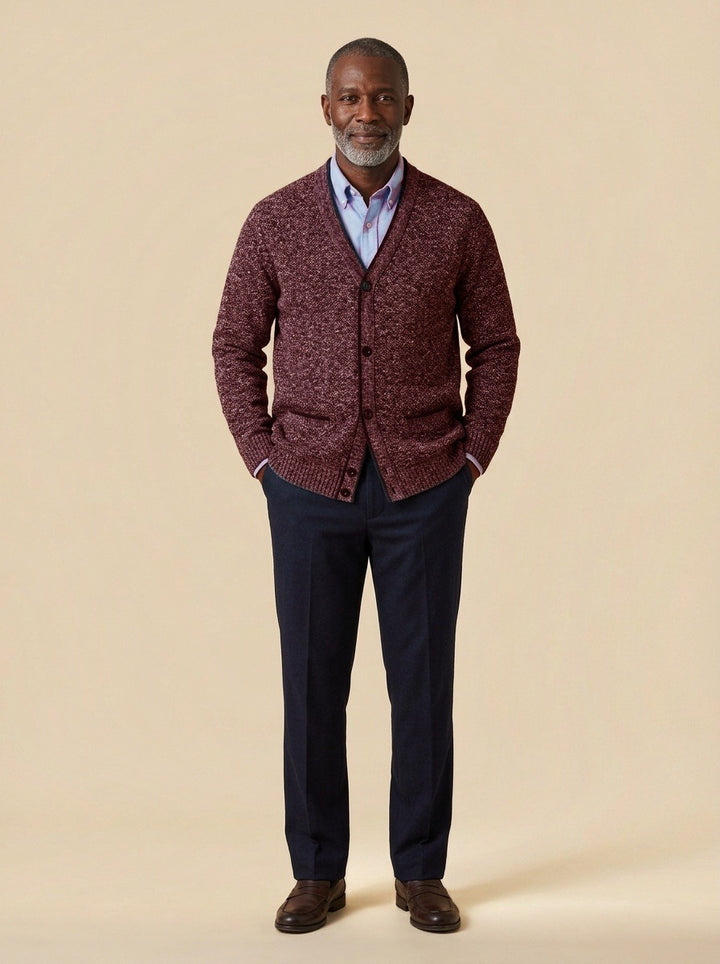 Whitman marled knit V neck cardigan in Burgundy, studio, Gentlemens Manor