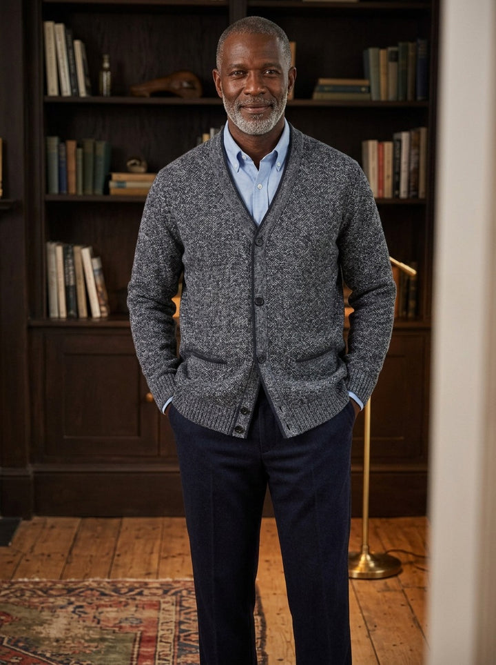 Whitman marled knit V neck cardigan in Charcoal, study lifestyle, Gentlemens Manor