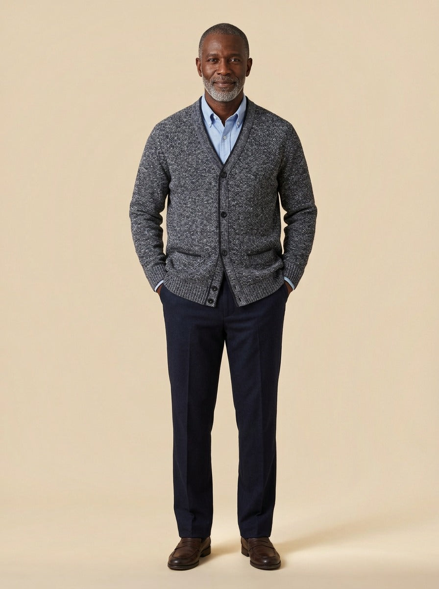 Whitman marled knit V neck cardigan in Charcoal, studio, Gentlemens Manor