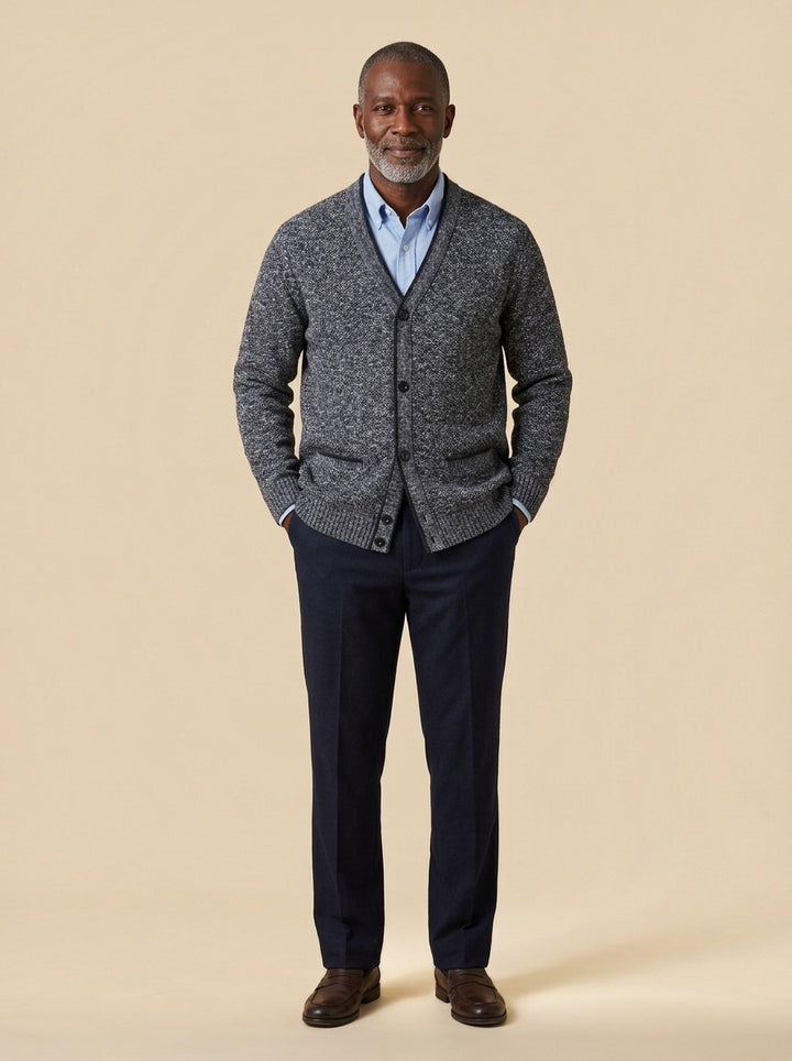 Whitman marled knit V neck cardigan in Charcoal, studio, Gentlemens Manor