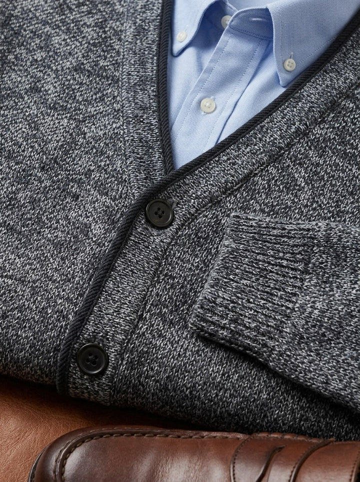 Whitman marled knit V neck cardigan, fabric close up, Gentlemens Manor