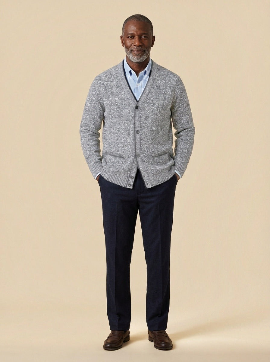 Whitman marled knit V neck cardigan in Grey, studio, Gentlemens Manor