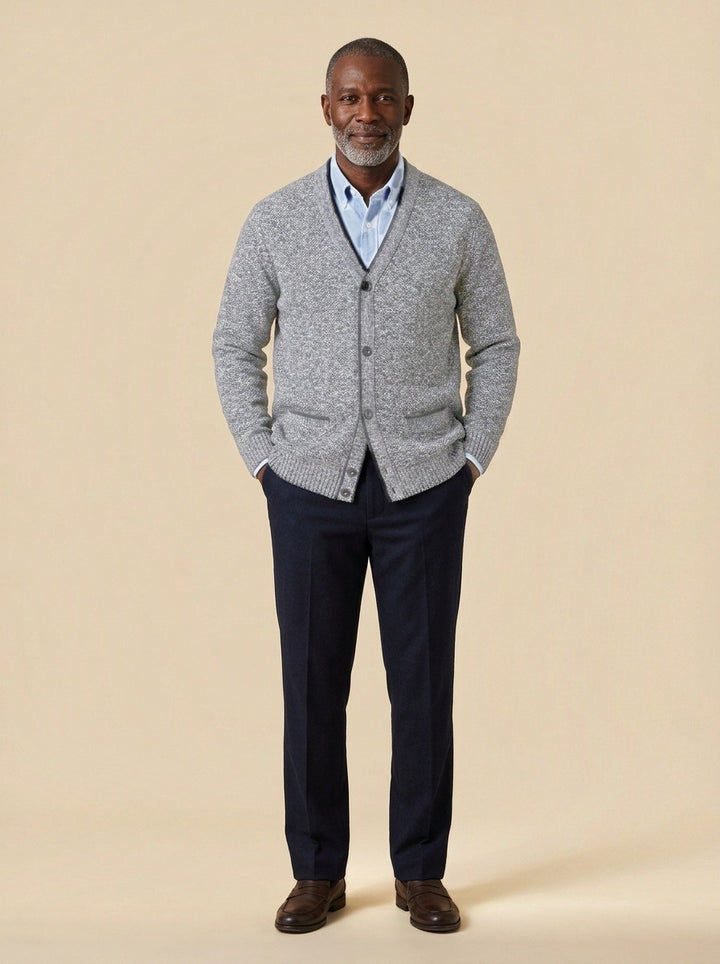 Whitman marled knit V neck cardigan in Grey, studio, Gentlemens Manor