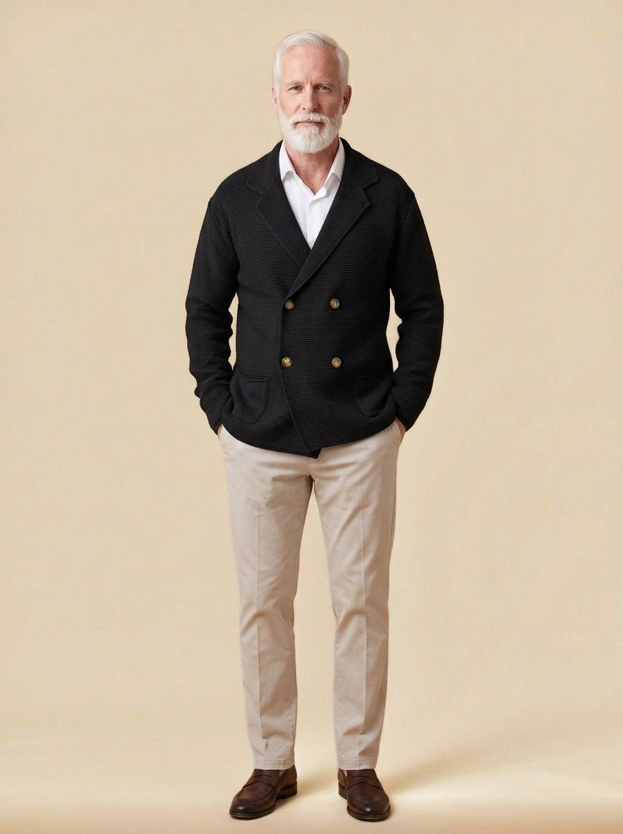 Wickham double breasted knit blazer cardigan in Black, studio, Gentlemens Manor