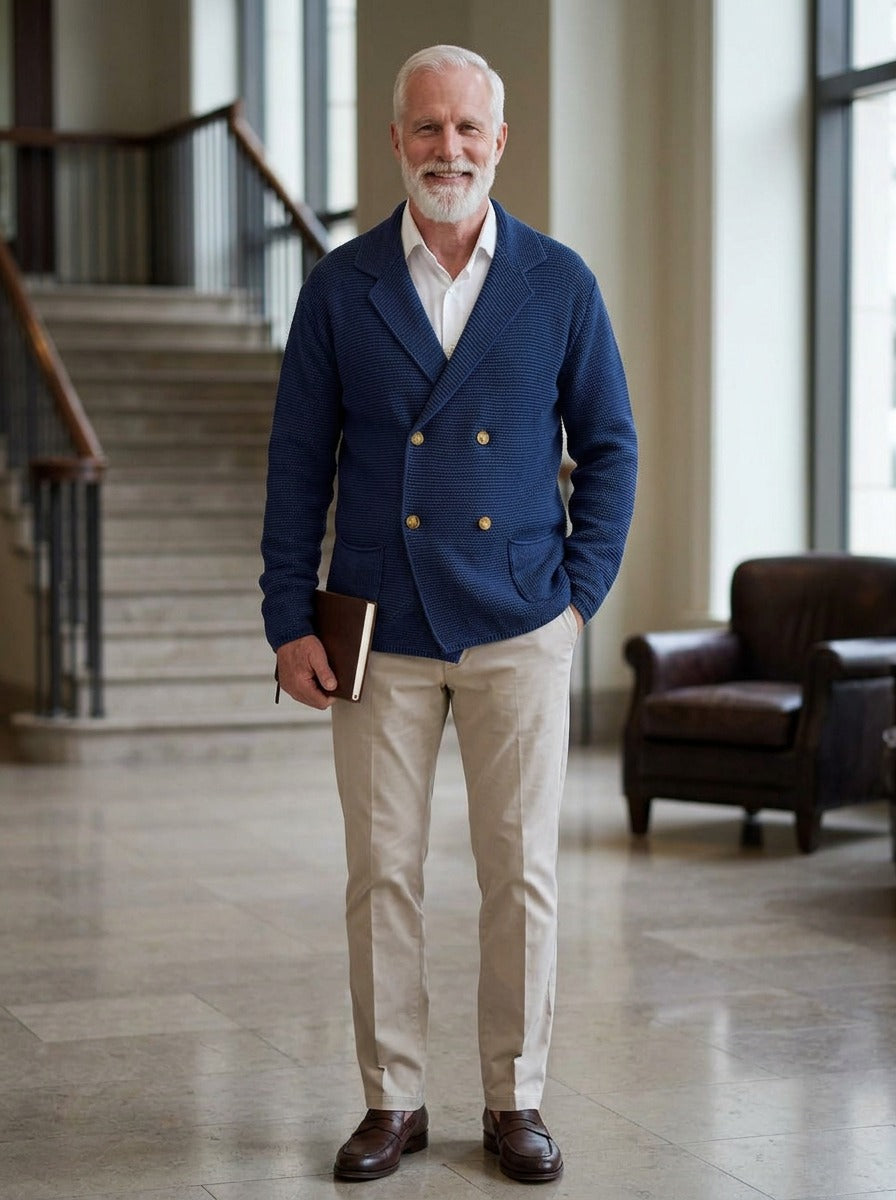 Wickham double breasted knit blazer cardigan in Blue, lifestyle in a hotel lobby, Gentlemens Manor