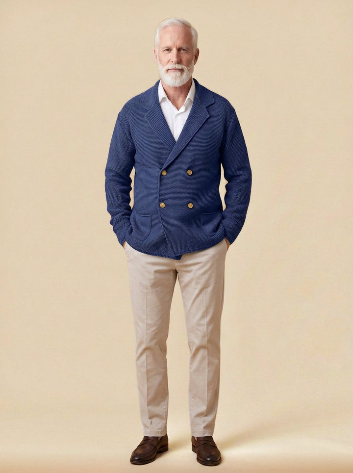 Wickham double breasted knit blazer cardigan in Blue, studio, Gentlemens Manor