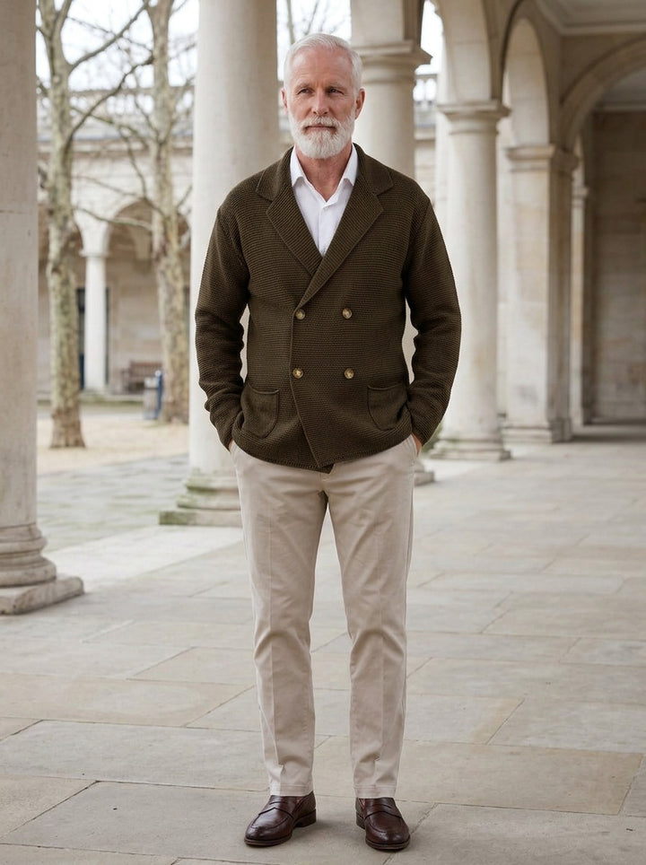 Wickham double breasted knit blazer cardigan in Brown, lifestyle in a stone colonnade, Gentlemens Manor