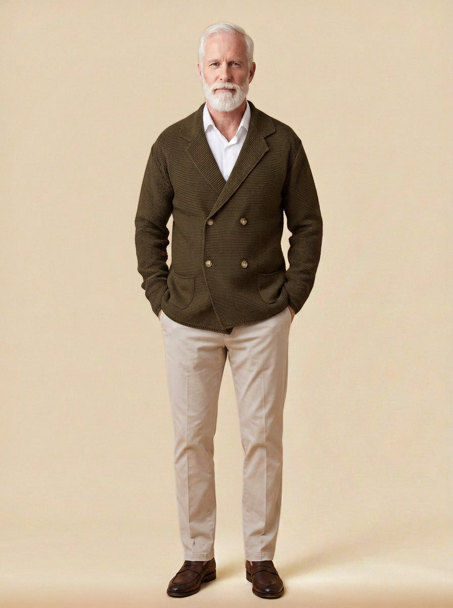 Wickham double breasted knit blazer cardigan in Brown, studio, Gentlemens Manor