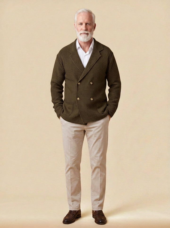 Wickham double breasted knit blazer cardigan in Brown, studio, Gentlemens Manor