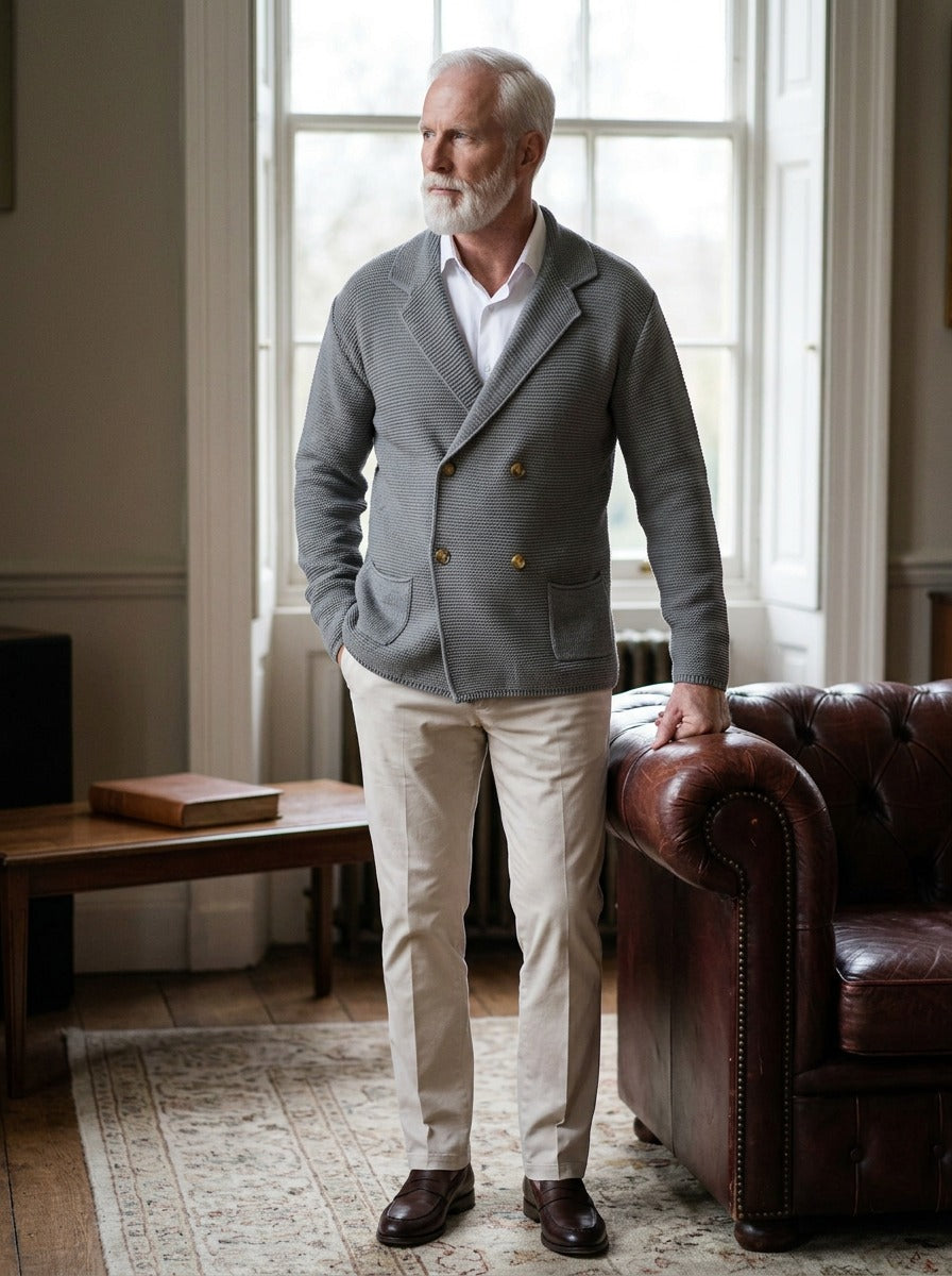 Wickham double breasted knit blazer cardigan in Grey, lifestyle in a club reading room, Gentlemens Manor