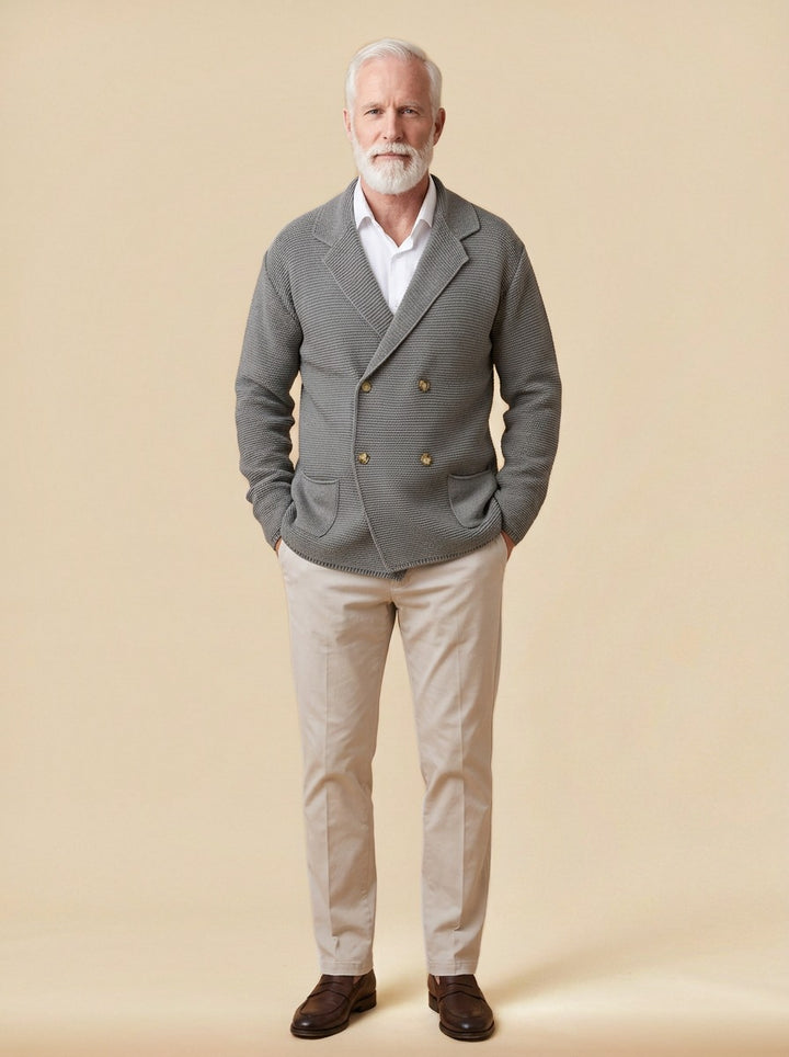 Wickham double breasted knit blazer cardigan in Grey, studio, Gentlemens Manor