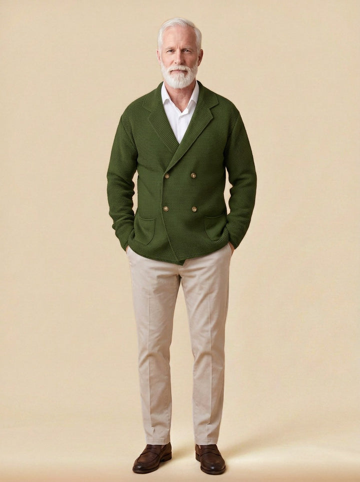 Wickham double breasted knit blazer cardigan in Olive, studio, Gentlemens Manor