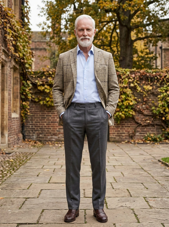 Wilbur windowpane check blazer in Beige, lifestyle in a brick college courtyard, Gentlemens Manor
