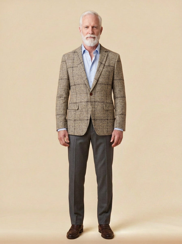 Wilbur windowpane check blazer in Beige, studio, Gentlemens Manor