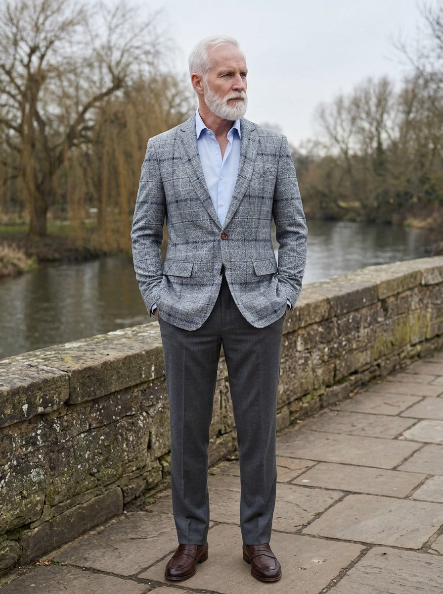 Wilbur windowpane check blazer in Light Grey, lifestyle on a stone footbridge, Gentlemens Manor