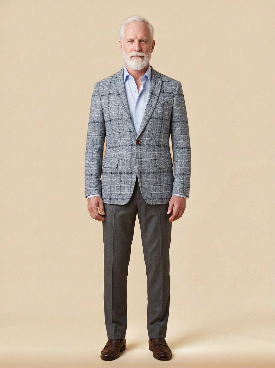 Wilbur windowpane check blazer in Light Grey, studio, Gentlemens Manor