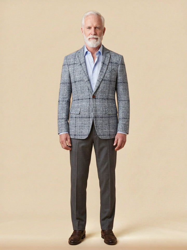 Wilbur windowpane check blazer in Light Grey, studio, Gentlemens Manor