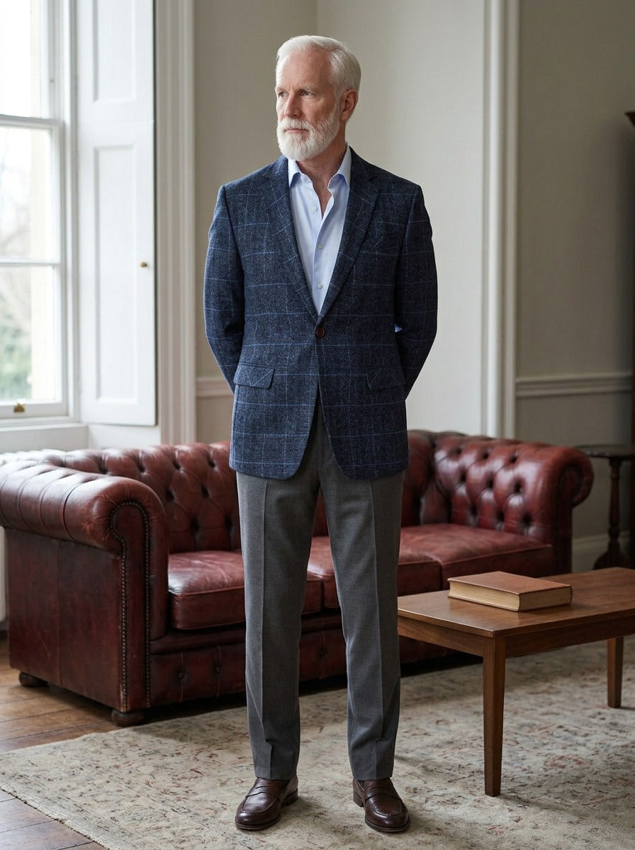 Wilbur windowpane check blazer in Navy, lifestyle in a club reading room, Gentlemens Manor