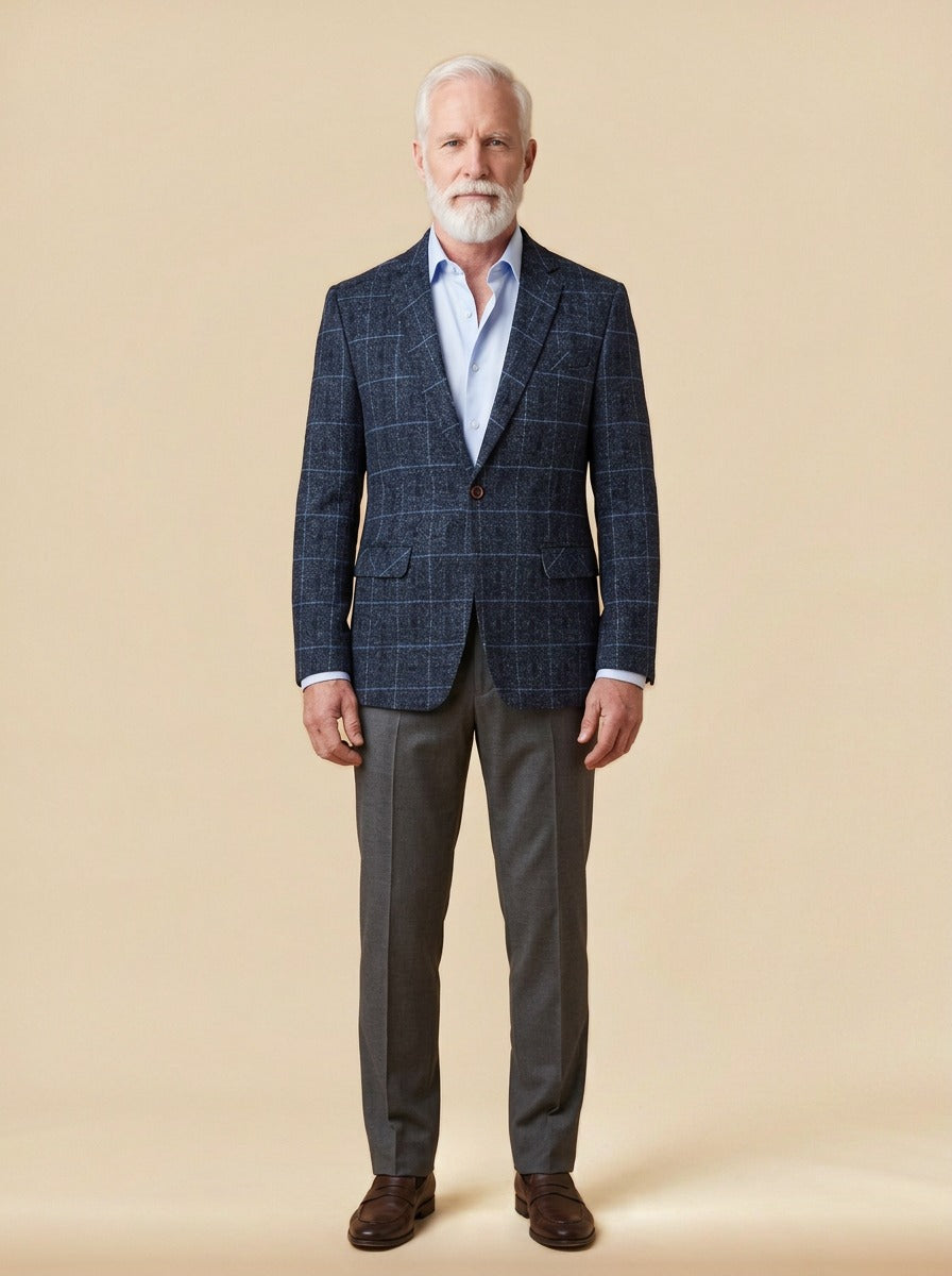 Wilbur windowpane check blazer in Navy, studio, Gentlemens Manor