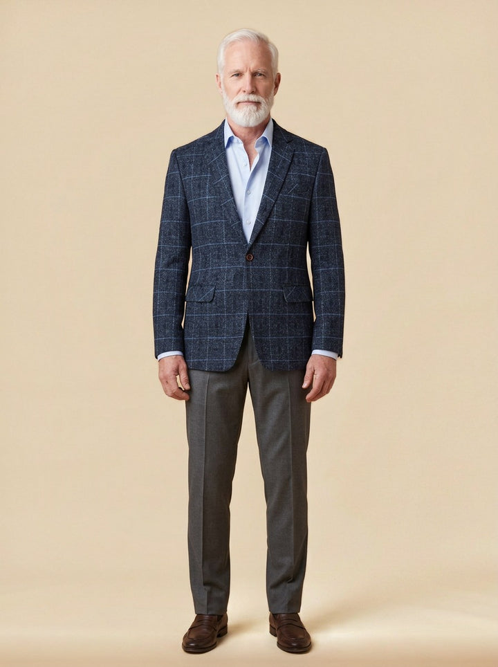 Wilbur windowpane check blazer in Navy, studio, Gentlemens Manor