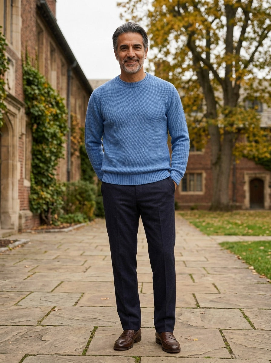 Wiley crew neck sweater in Blue, lifestyle in a brick college courtyard, Gentlemens Manor
