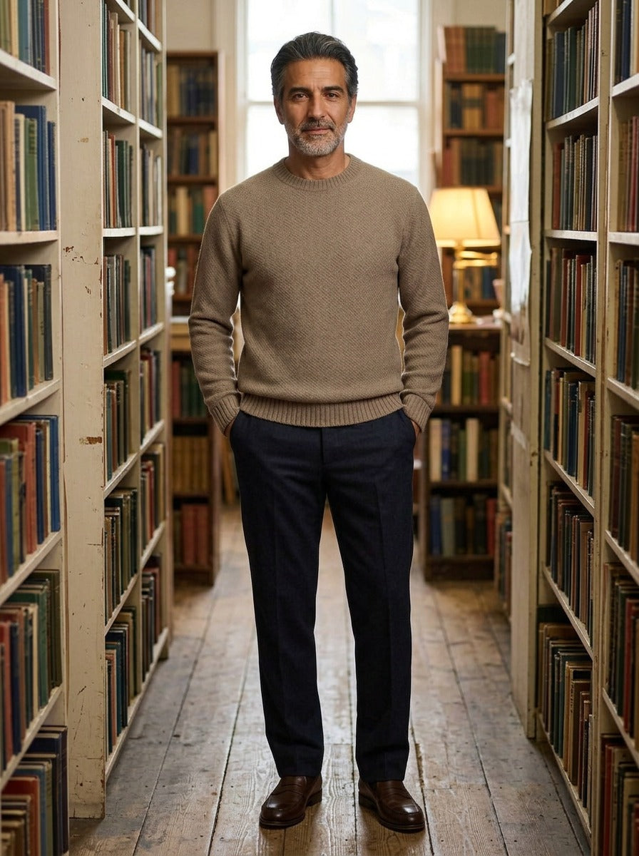 Wiley crew neck sweater in Brown, lifestyle in a secondhand bookshop, Gentlemens Manor
