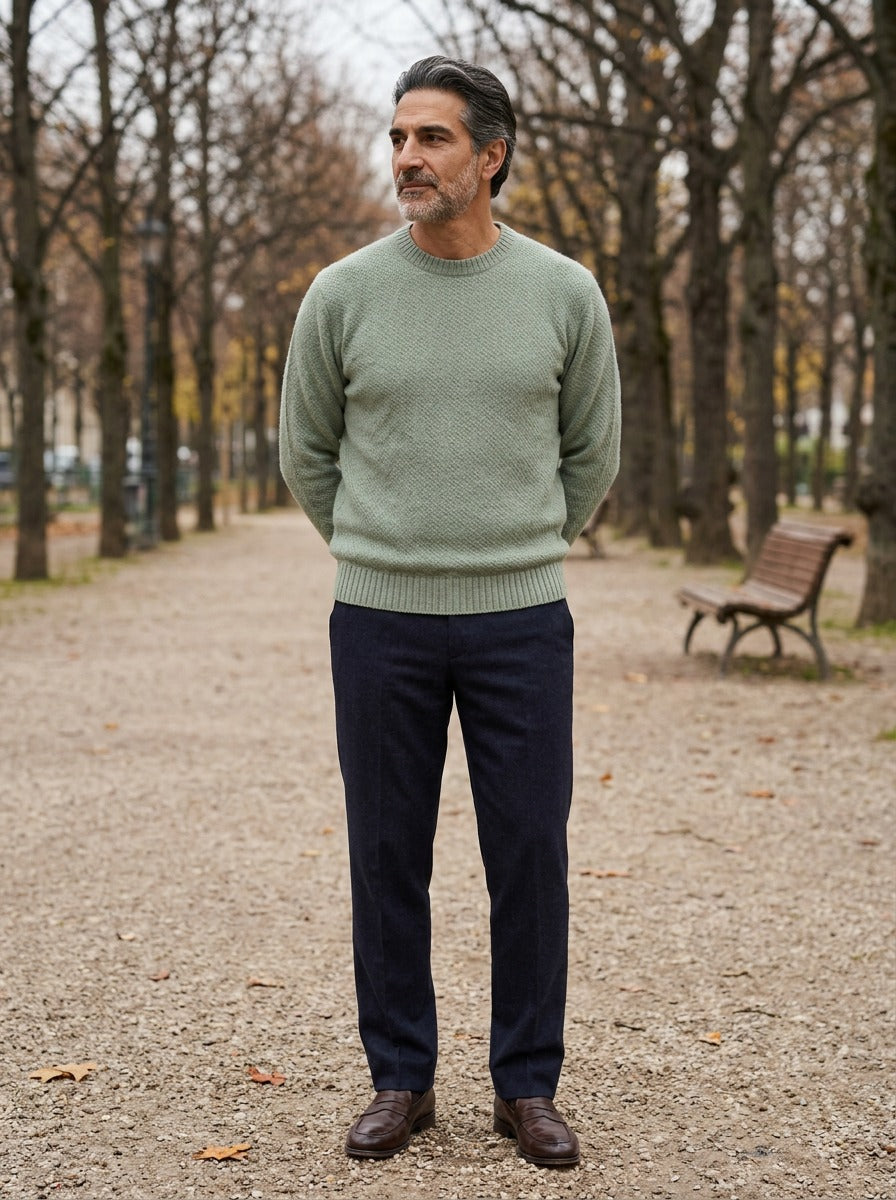 Wiley crew neck sweater in Sage, lifestyle on a park path, Gentlemens Manor