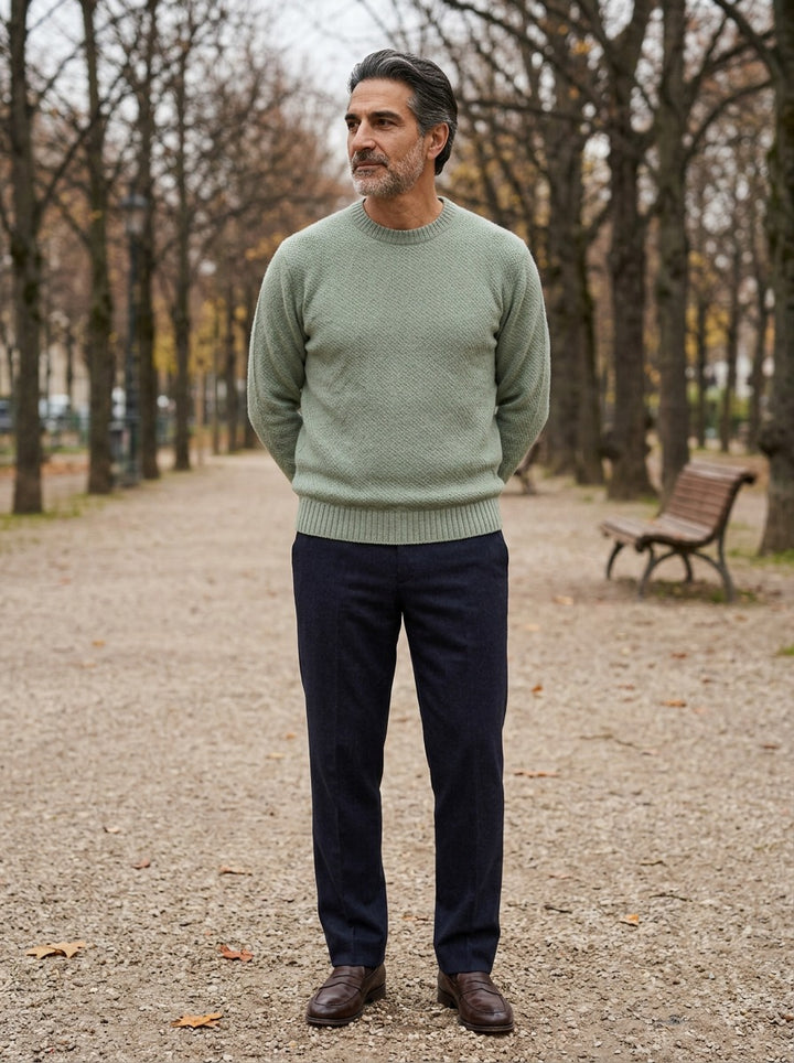 Wiley crew neck sweater in Sage, lifestyle on a park path, Gentlemens Manor
