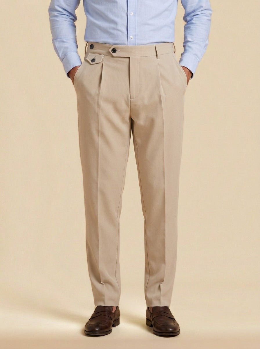 Wilfred button tab tapered trousers in Beige, studio, Gentlemens Manor